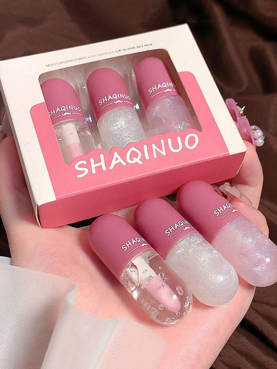 水夜光唇彩套裝,3入組保濕鏡子精細閃閃發光唇部護理油不易脫妝持久液體口紅