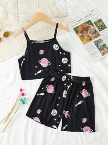 Girls Planet Print Cami Top & Shorts PJ Set - Black - View 1