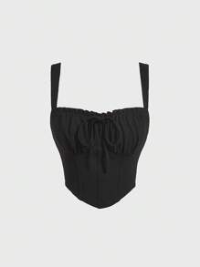 SHEIN MOD 胸部褶皺前繫帶吊帶上衣 - 黑色 - 查看 1