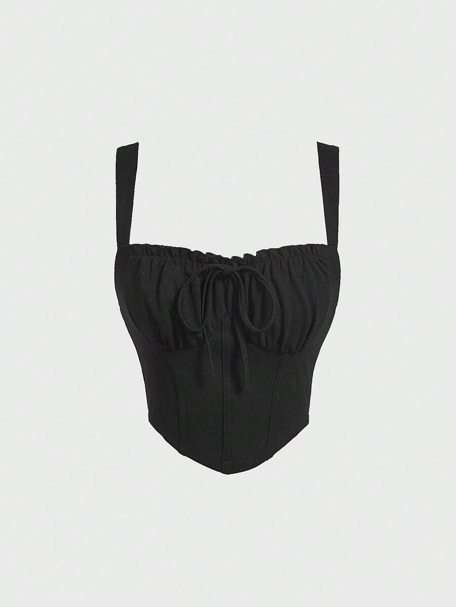 SHEIN MOD 胸部褶皺前繫帶吊帶上衣 - 黑色 - 查看 1