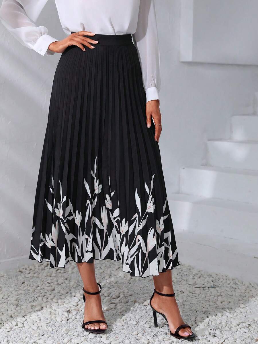 EMERY ROSE Plants Print Pleated Skirt - Black - View 1