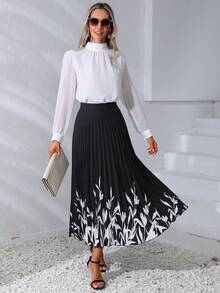 EMERY ROSE Plants Print Pleated Skirt - Black - View 3