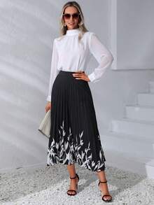 EMERY ROSE Plants Print Pleated Skirt - Black - View 5