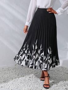 EMERY ROSE Plants Print Pleated Skirt - Black - View 7