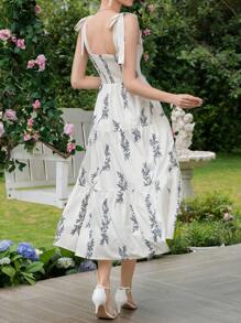 SHEIN VCAY Đầm Thắt nút Viên lá sen Dải chun Thực vật Boho - Màu be - Xem 2