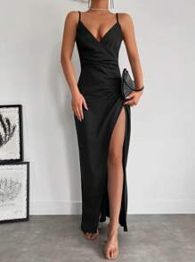 RueChic Solid Split Thigh Cami Dress - Black - View 1