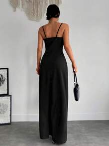 RueChic Solid Split Thigh Cami Dress - Black - View 2