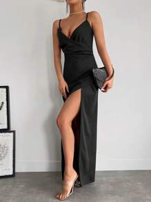 RueChic Solid Split Thigh Cami Dress - Black - View 5