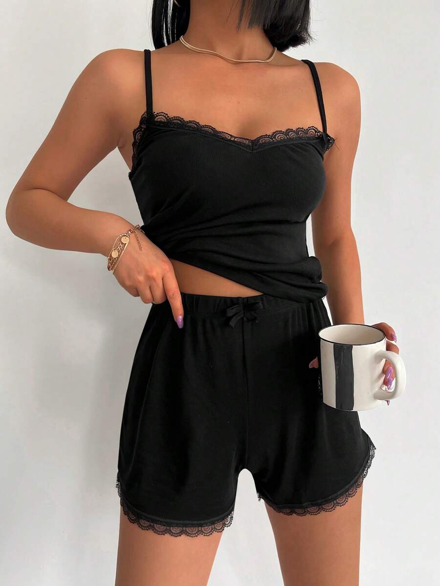 RueChic Contrast Lace Cami PJ Set - Black - View 1