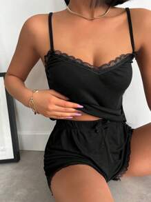 RueChic Contrast Lace Cami PJ Set - Black - View 3