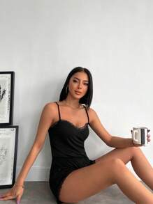 RueChic Contrast Lace Cami PJ Set - Black - View 4