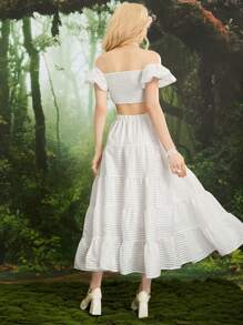 SHEIN MOD 一字肩短款上衣和荷葉邊半身裙 - 白色 - 查看 2