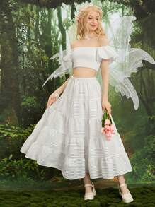 SHEIN MOD 一字肩短款上衣和荷葉邊半身裙 - 白色 - 查看 4