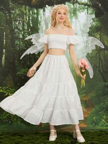 SHEIN MOD 一字肩短款上衣和荷葉邊半身裙 - 白色 - 查看 5