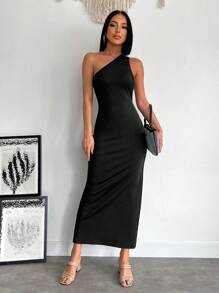 EURMUSE One Shoulder Backless Split Hem Dress - Black - View 1