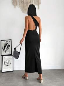 EURMUSE One Shoulder Backless Split Hem Dress - Black - View 2