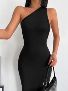 EURMUSE One Shoulder Backless Split Hem Dress - Black - View 3