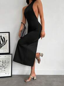 EURMUSE One Shoulder Backless Split Hem Dress - Black - View 5