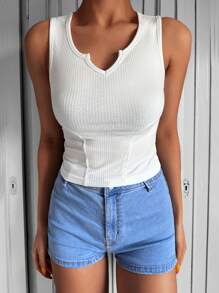 EURMUSE 缺口領條紋針織背心上衣 - 白色 - 查看 3