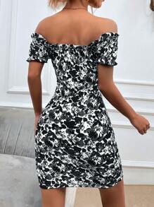 Chiquease Đầm viền lá sen Thắt nơ trước Hoa Tất cả trên in Boho - Đen và trắng - Xem 2