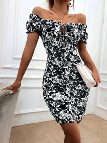Chiquease Đầm viền lá sen Thắt nơ trước Hoa Tất cả trên in Boho - Đen và trắng - Xem 3