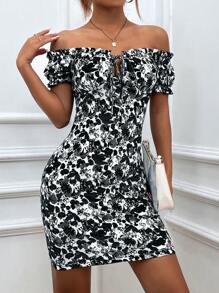 Chiquease Đầm viền lá sen Thắt nơ trước Hoa Tất cả trên in Boho - Đen và trắng - Xem 5