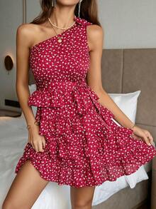 SHEIN VCAY Vestido con cinturón con estampado floral de un hombro bajo con fruncido - Rojo y blanco - Ver 4