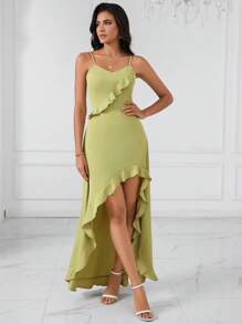 SHEIN Privé Đầm Xù Viên lá sen Cao thấp màu trơn Giải trí - Màu vàng - Xem 6