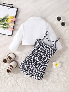 SHEIN Baby Letter Patched Jacket & Checker Print Cami Dress - Black and White - View 2