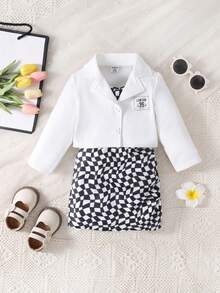 SHEIN Baby Letter Patched Jacket & Checker Print Cami Dress - Black and White - View 3