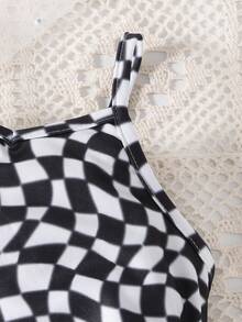 SHEIN Baby Letter Patched Jacket & Checker Print Cami Dress - Black and White - View 7