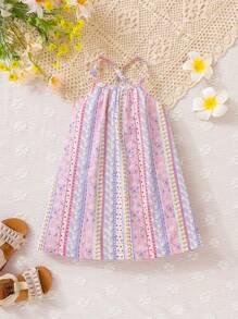 SHEIN Đứa bé gái Hoa Lộn xộn & In Địa lý Váy Dây - Nhiều màu - Xem 1