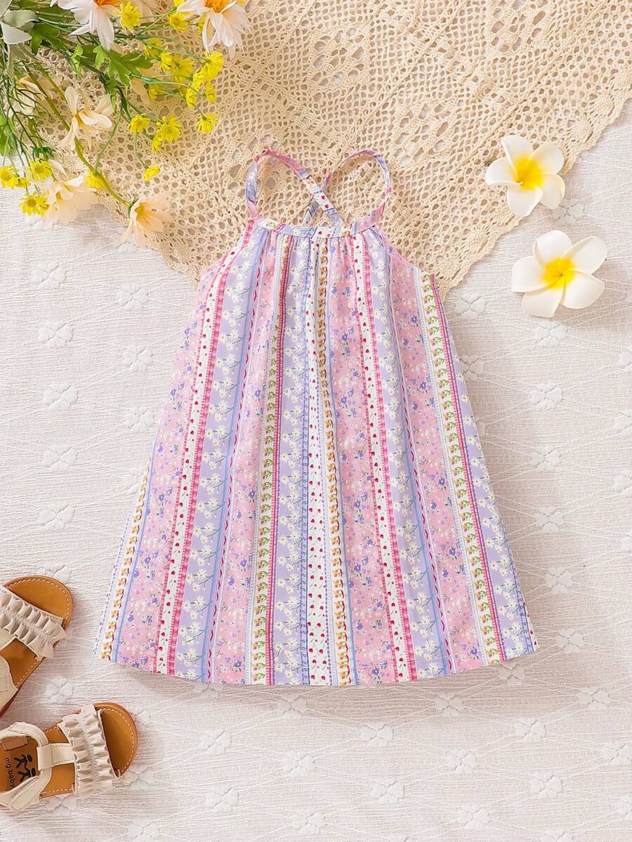 SHEIN Đứa bé gái Hoa Lộn xộn & In Địa lý Váy Dây - Nhiều màu - Xem 1