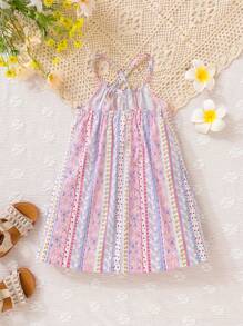 SHEIN Đứa bé gái Hoa Lộn xộn & In Địa lý Váy Dây - Nhiều màu - Xem 2