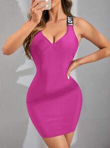 SHEIN Unity Vestido ajustado con cinta con letra de espalda abierta con tira cruzada - Rosa Fucsia - Ver 1