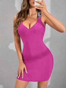 SHEIN Unity Vestido ajustado con cinta con letra de espalda abierta con tira cruzada - Rosa Fucsia - Ver 5