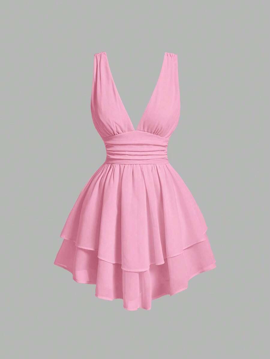 SHEIN MOD Solid Ruched Two Layer Hem Dress - Pink - View 1