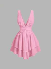 SHEIN MOD Solid Ruched Two Layer Hem Dress - Pink - View 2