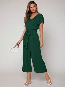 SHEIN Privé 蝴蝶袖腰帶闊腿連體褲 - 墨綠色 - 查看 1