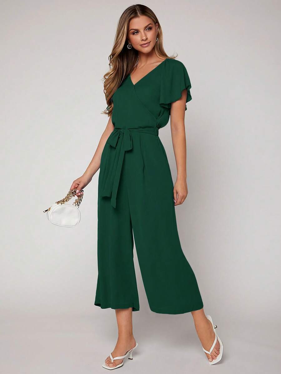 SHEIN Privé 蝴蝶袖腰帶闊腿連體褲 - 墨綠色 - 查看 1