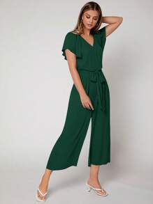 SHEIN Privé 蝴蝶袖腰帶闊腿連體褲 - 墨綠色 - 查看 3