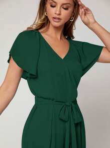 SHEIN Privé 蝴蝶袖腰帶闊腿連體褲 - 墨綠色 - 查看 4