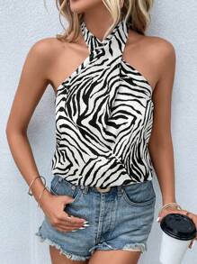 SHEIN Privé Zebra Striped Halter Top - Black and White - View 3