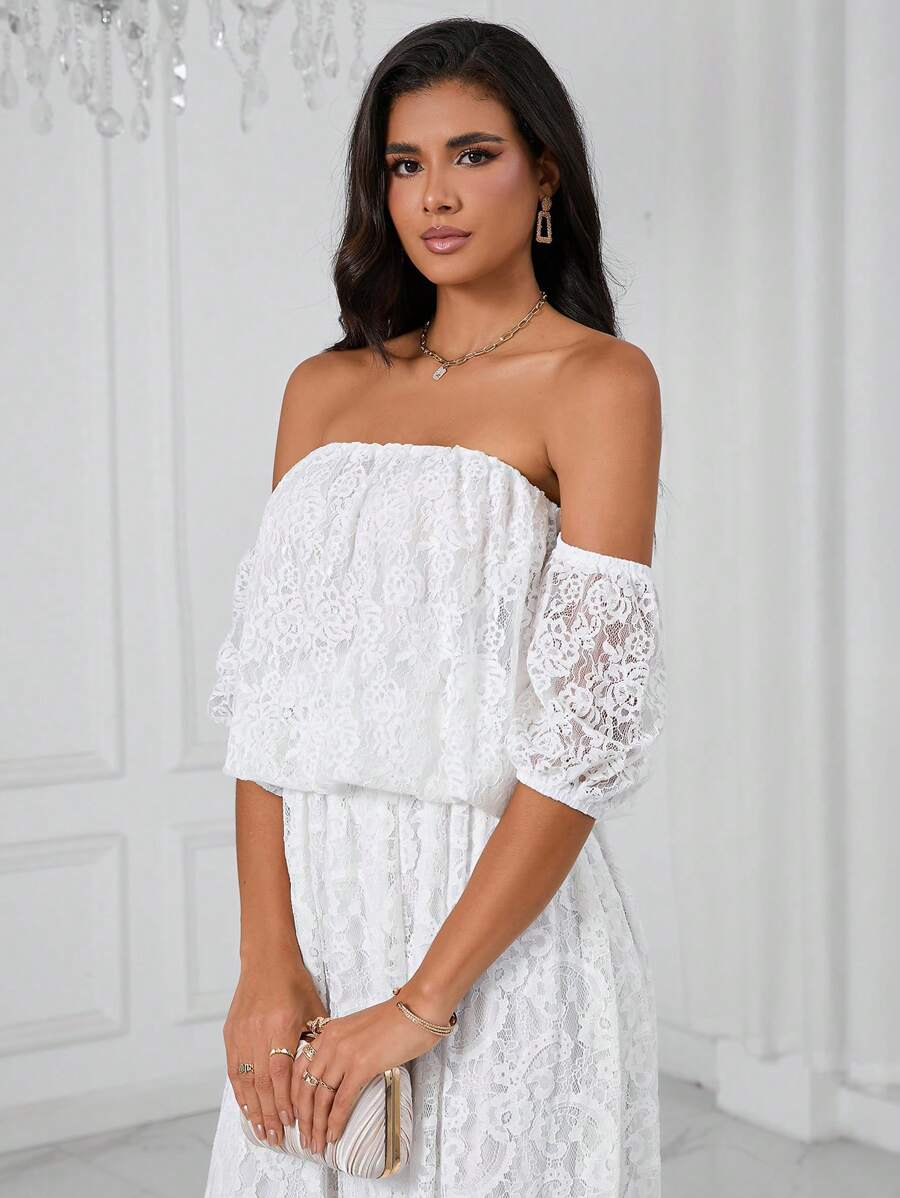 SHEIN Privé 一字肩蕾絲覆蓋襯衫 - 白色 - 查看 1
