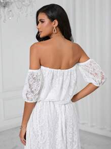 SHEIN Privé 一字肩蕾絲覆蓋襯衫 - 白色 - 查看 2