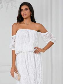 SHEIN Privé 一字肩蕾絲覆蓋襯衫 - 白色 - 查看 3