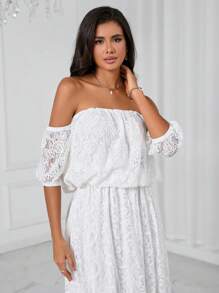 SHEIN Privé 一字肩蕾絲覆蓋襯衫 - 白色 - 查看 6