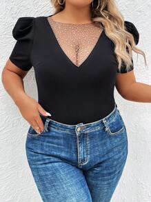 SHEIN Privé Camiseta de malla en contraste de manga farol - Negro - Ver 3