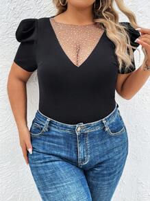 SHEIN Privé Camiseta de malla en contraste de manga farol - Negro - Ver 4