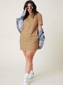 SHEIN BASICS Đầm thun trơn dáng rộng thoải mái cho mùa hè - Màu Khaki - Xem 4